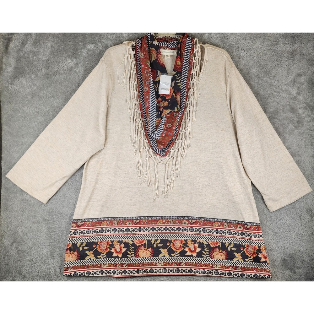 Cactus + Pearl Shirt Womens XXL Oatmeal Scarf Neck Fringe Floral Boho Relaxed